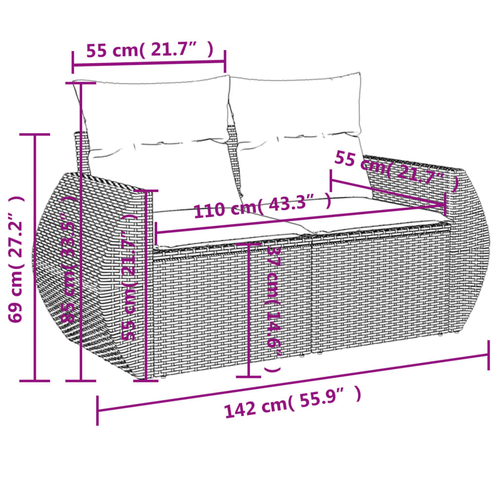 Tuinbank 2-zits met kussens poly rattan bruin