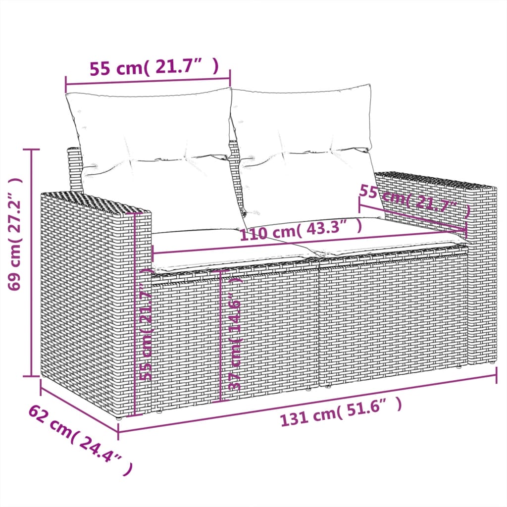 Tuinbank met kussens 2-zits poly rattan bruin