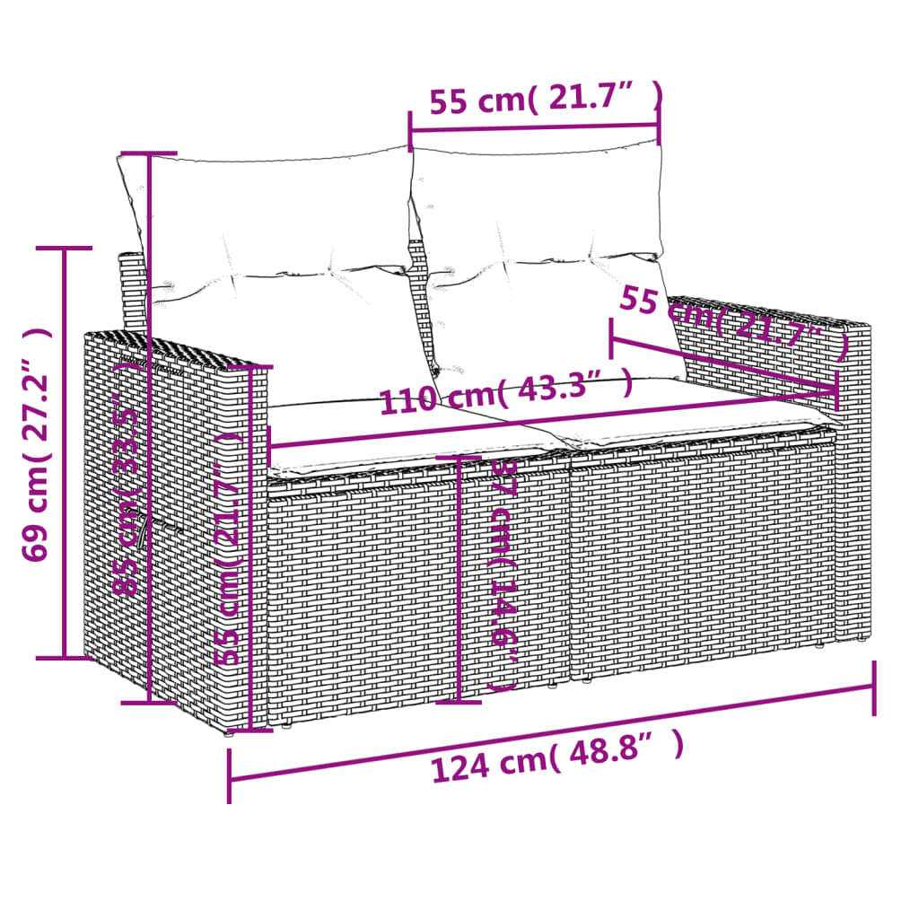 Tuinbank met kussens 2-zits poly rattan bruin