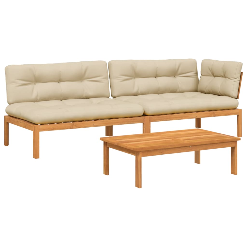 3-delige Loungeset pallet met kussens massief acaciahout