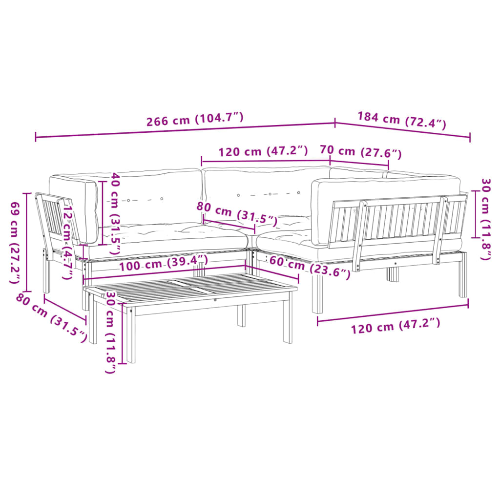 4-delige Loungeset pallet met kussens massief acaciahout