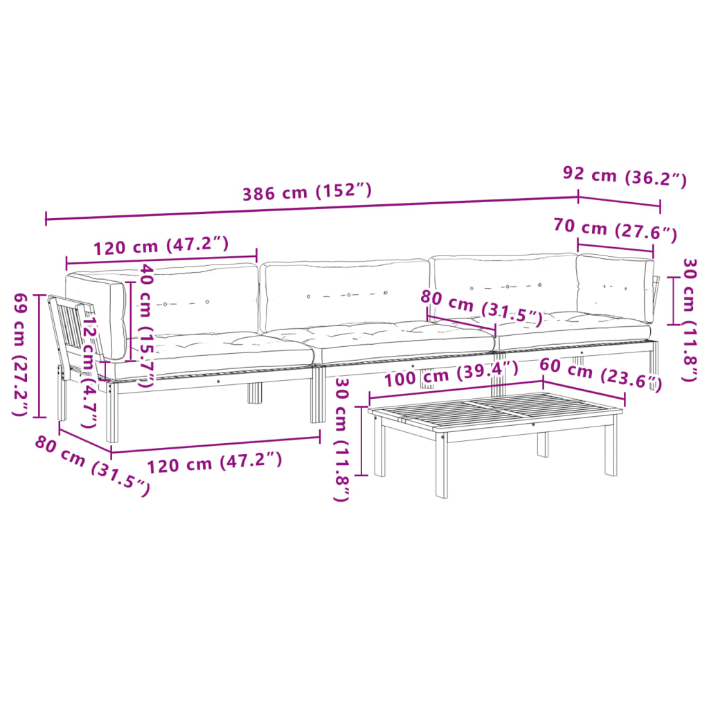 4-delige Loungeset pallet met kussens massief acaciahout