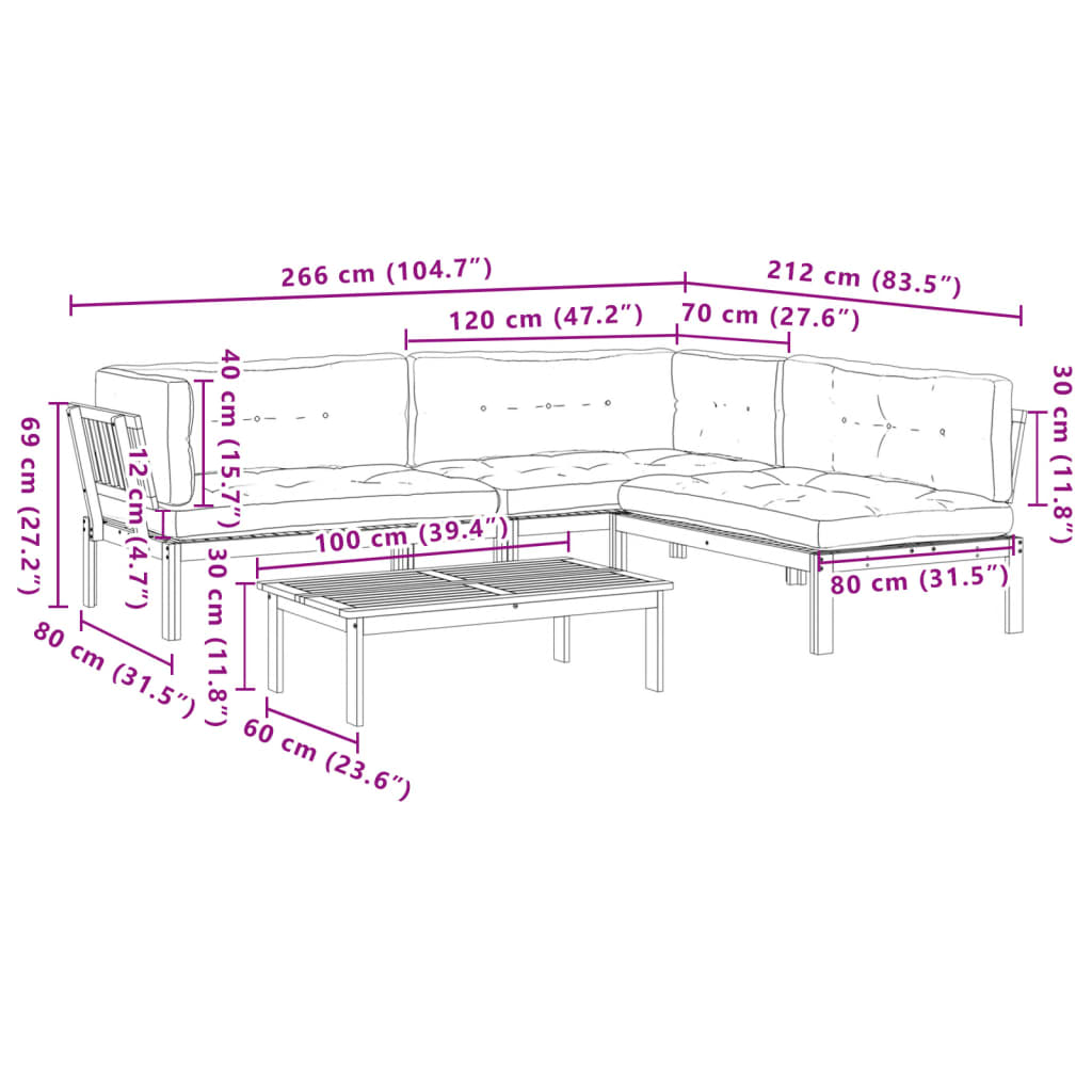 4-delige Loungeset pallet met kussens massief acaciahout