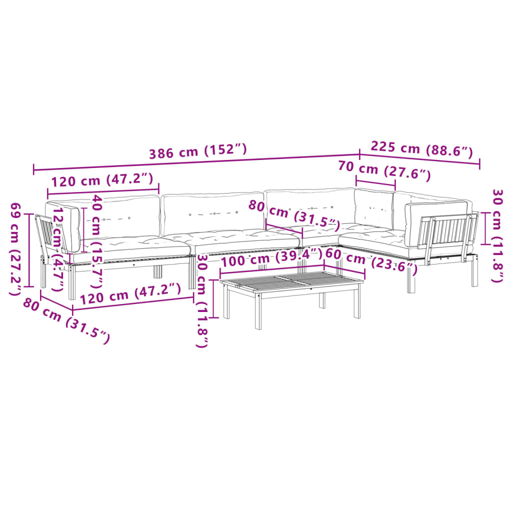 5-delige Loungeset pallet met kussens massief acaciahout