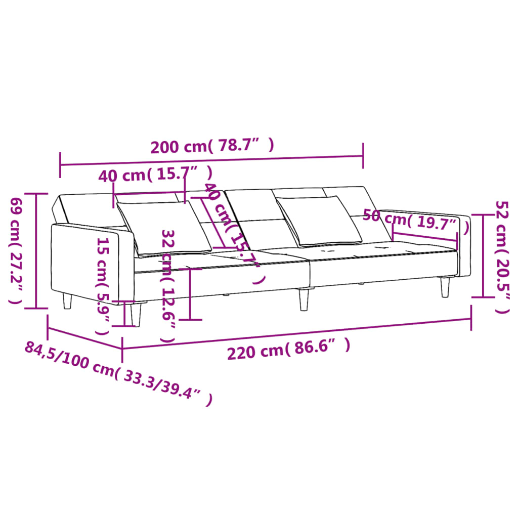 Slaapbank 2-zits met 2 kussens fluweel zwart