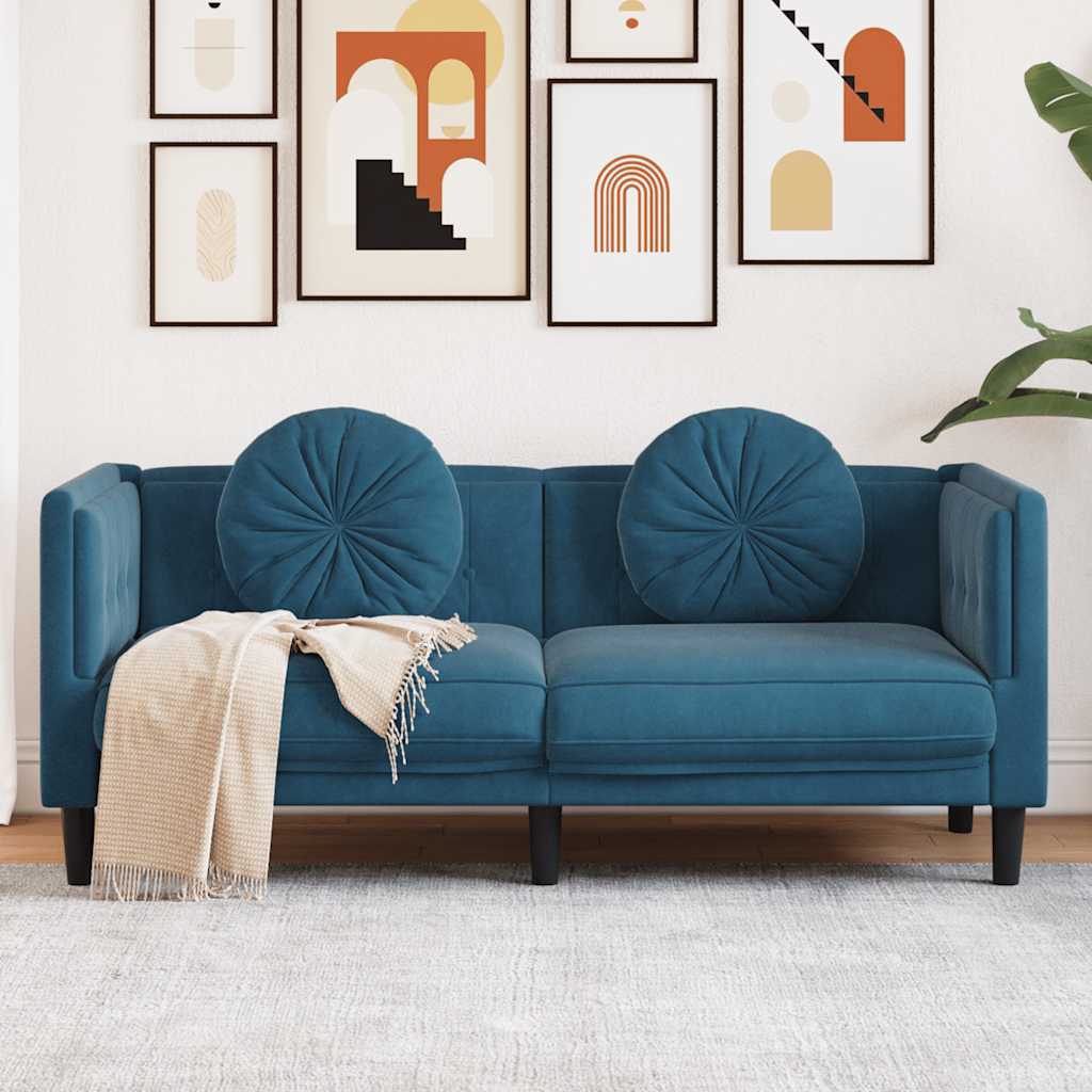 Bank met kussens 2-zits fluweel blauw