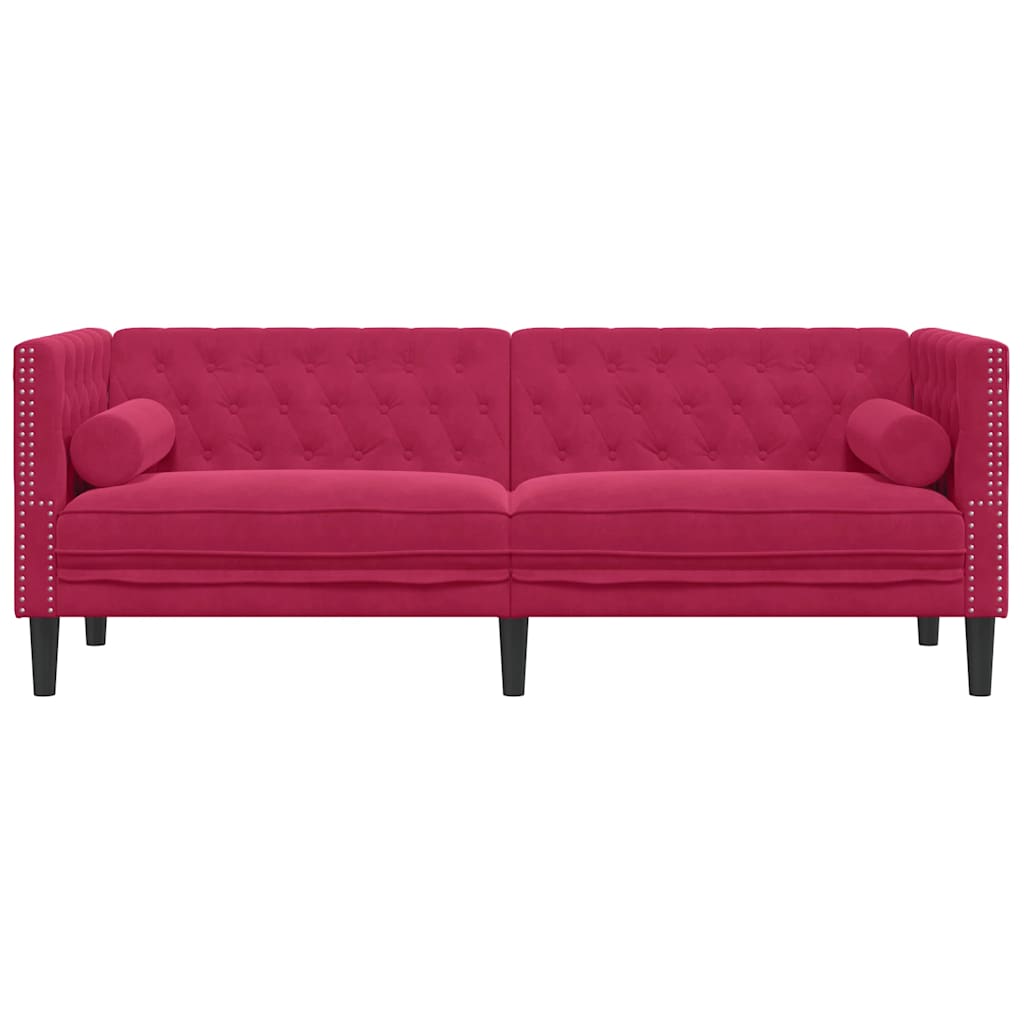 Driezitsbank Chesterfield-stijl met bolsters fluweel wijnrood