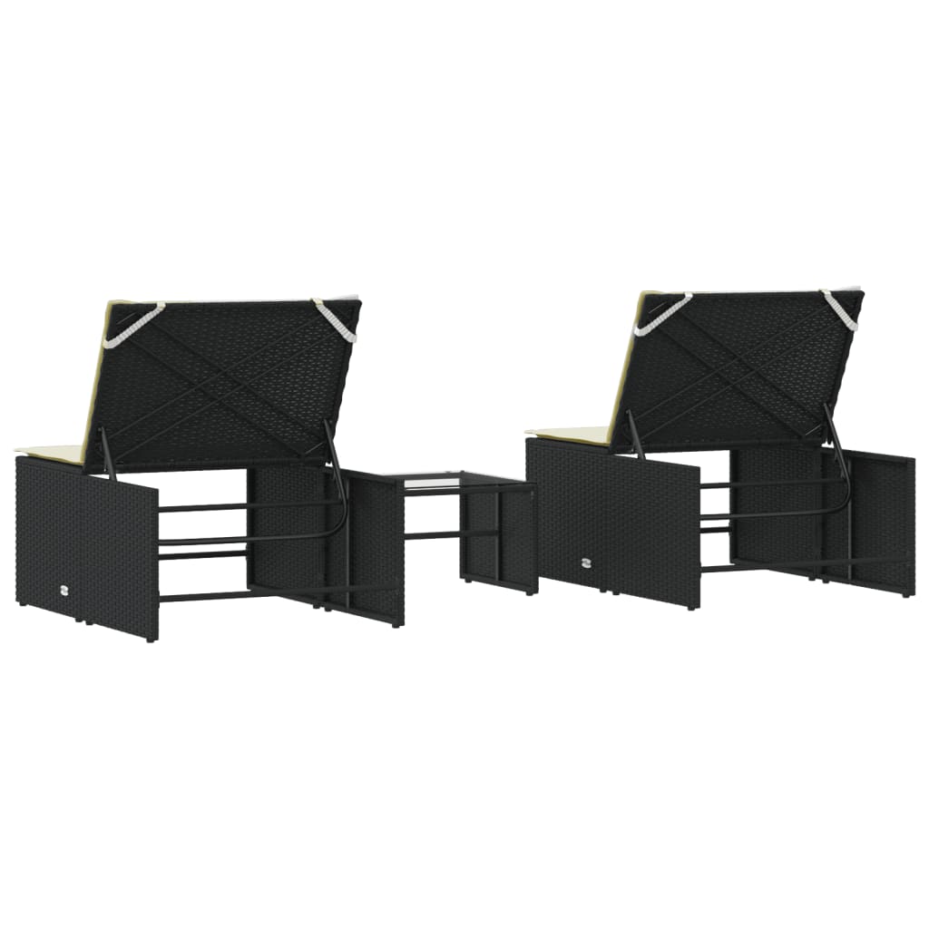 Modulaire ligbedden 2 stuks met tafel zwart poly rattan