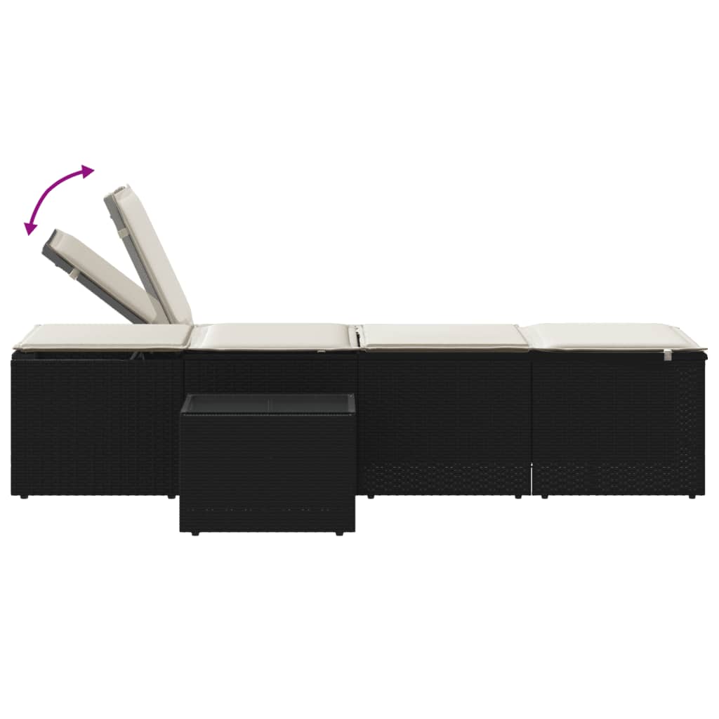 Modulaire ligbedden 2 stuks met tafel zwart poly rattan