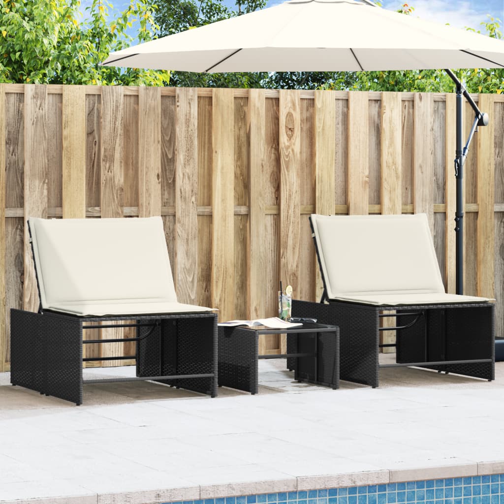 Modulaire ligbedden 2 stuks met tafel zwart poly rattan