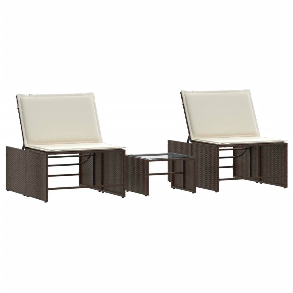 Ligstoelen 2 st met tafel bruin poly rattan
