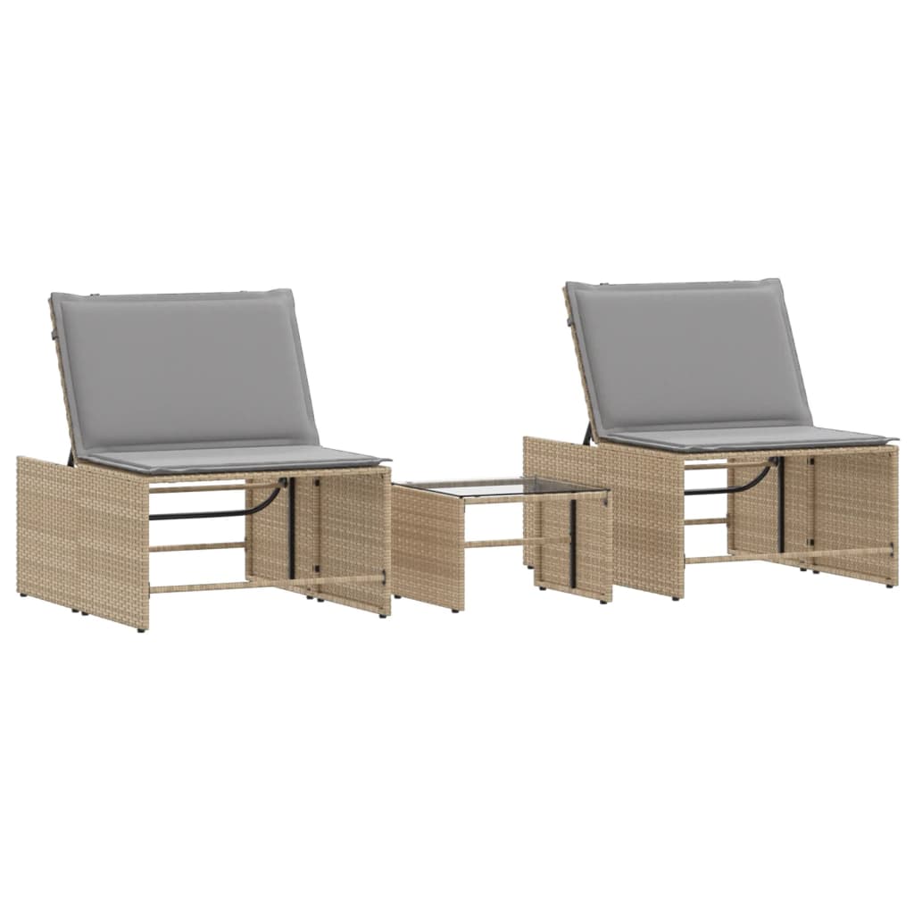 Ligstoelen 2 st met tafel beige poly rattan