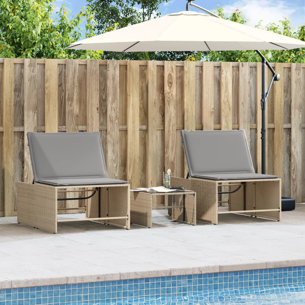 Ligstoelen 2 st met tafel beige poly rattan