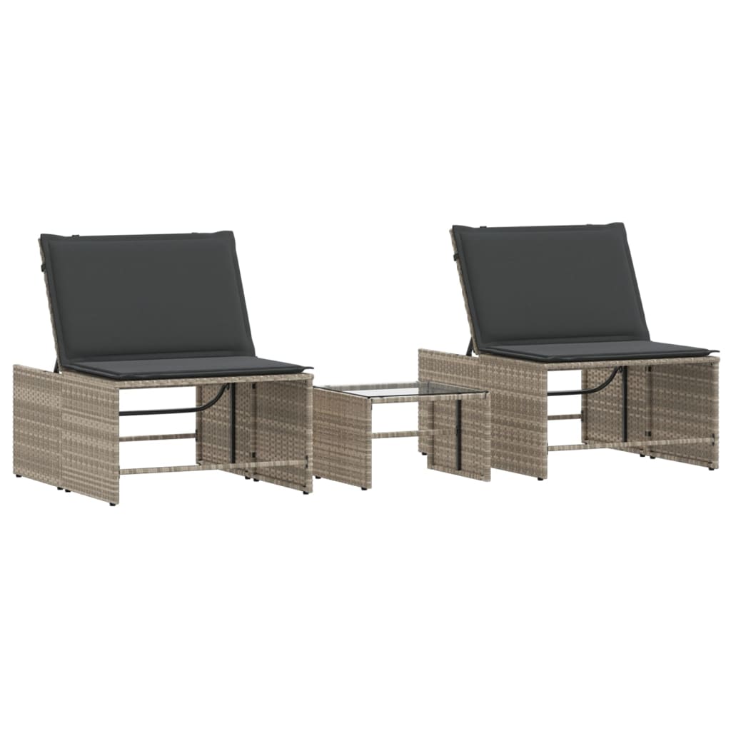 Ligstoelen 2 st met tafel lichtgrijs poly rattan