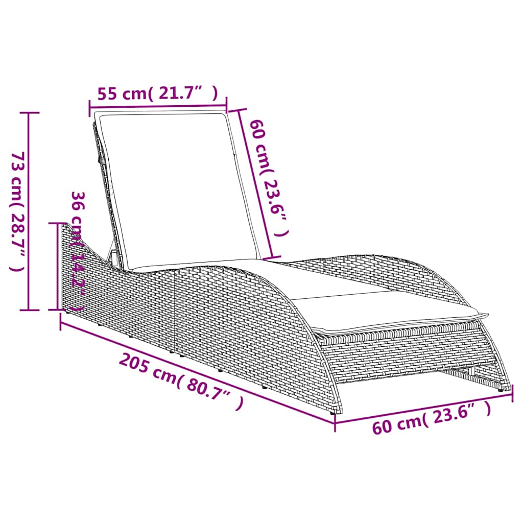 Ligbed met kussen grijs 60x205x73 cm poly rattan