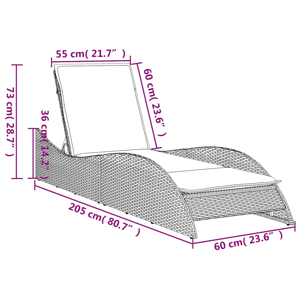 Ligbed met kussen bruin 60x205x73 cm poly rattan