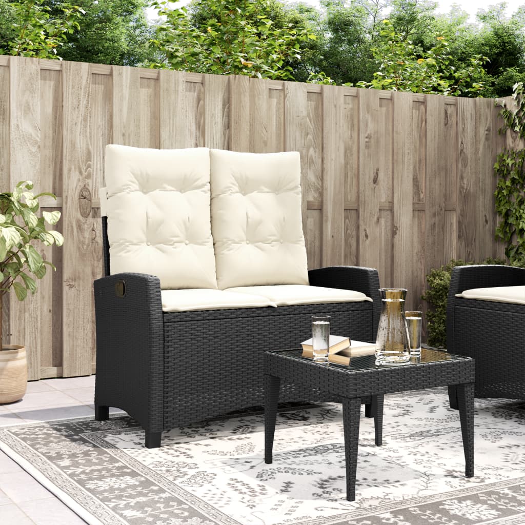 Tuinbankje verstelbaar met kussens poly rattan zwart