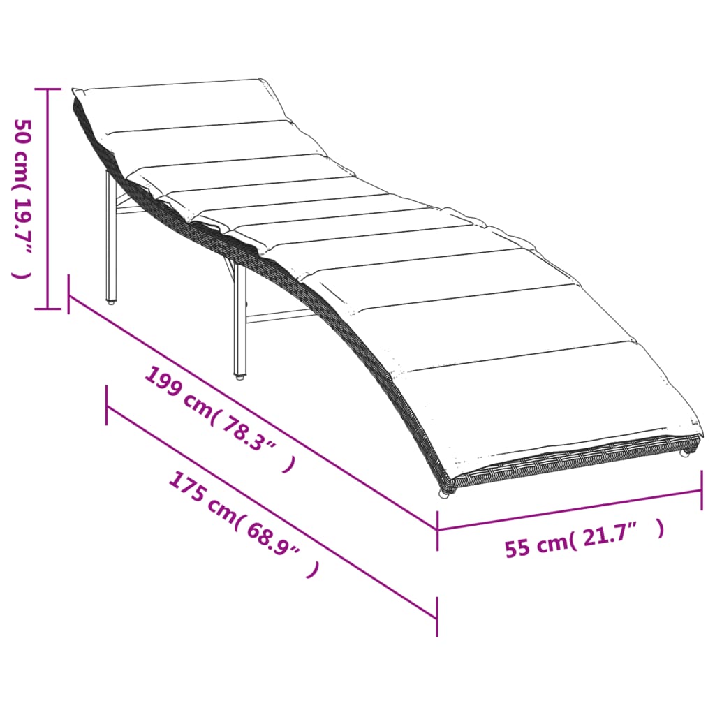 Ligbed met kussen 55x199x50 cm poly rattan lichtgrijs