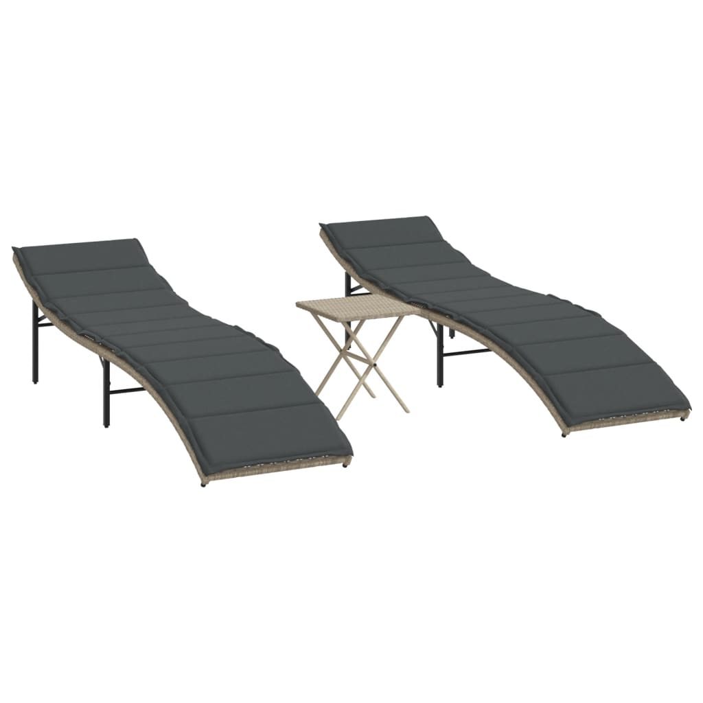 Ligbedden 2 st met tafel poly rattan lichtgrijs