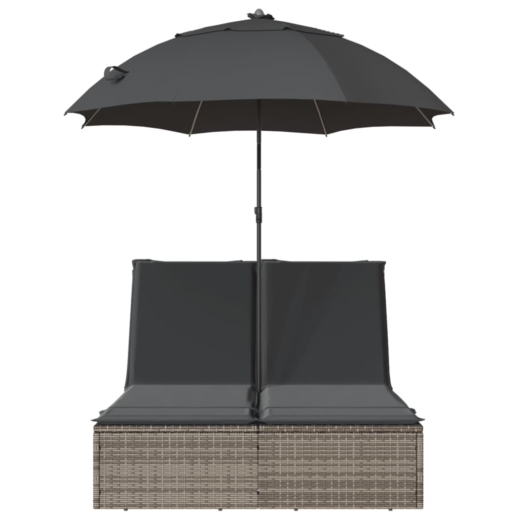 Ligbed 2-persoons met kussens en parasol poly rattan grijs