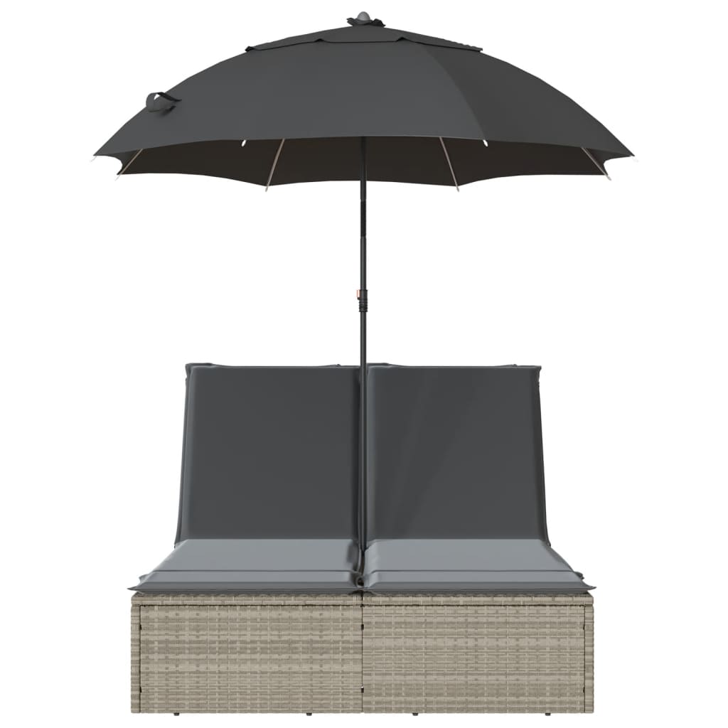 Ligbed 2-persoons met kussens en parasol poly rattan lichtgrijs