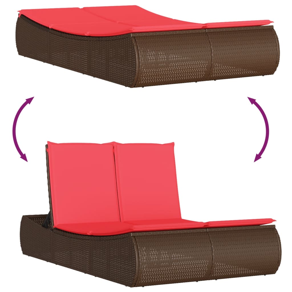 Ligbed 2-persoons met kussens poly rattan bruin