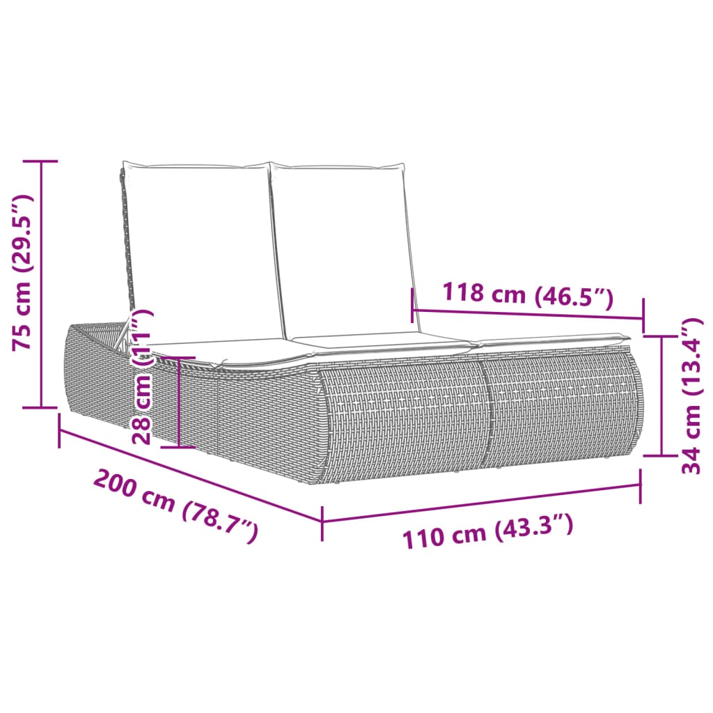 Ligbed 2-persoons met kussens poly rattan bruin