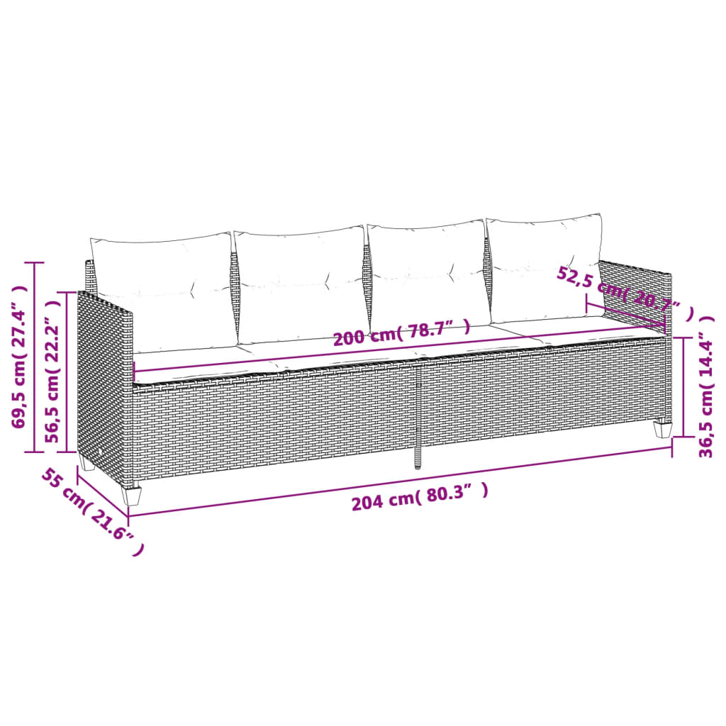 Ligbed met kussens poly rattan zwart