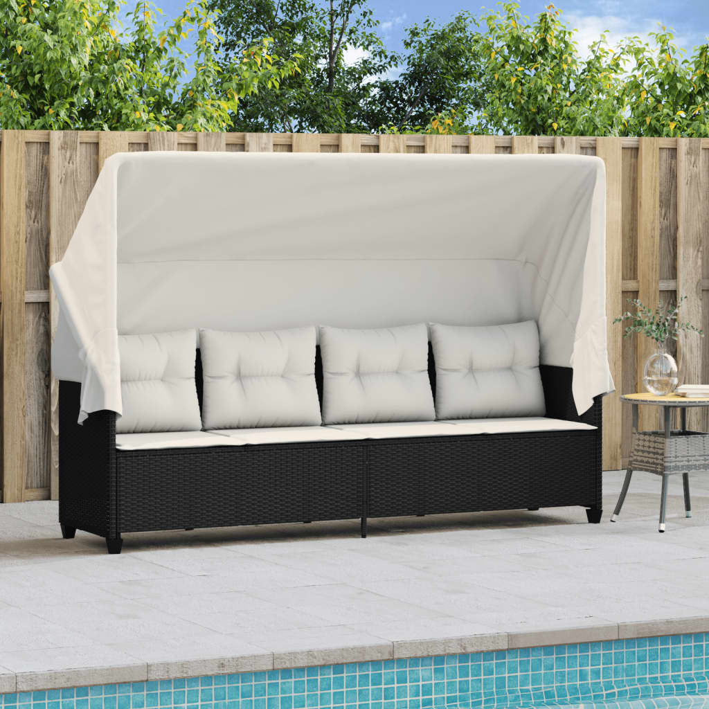 Ligbed met luifel en kussens poly rattan zwart