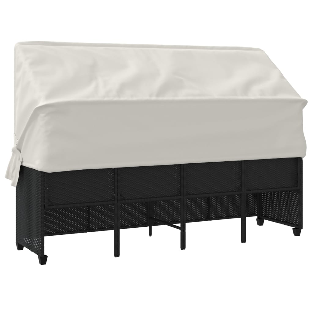 Ligbed met luifel en kussens poly rattan zwart