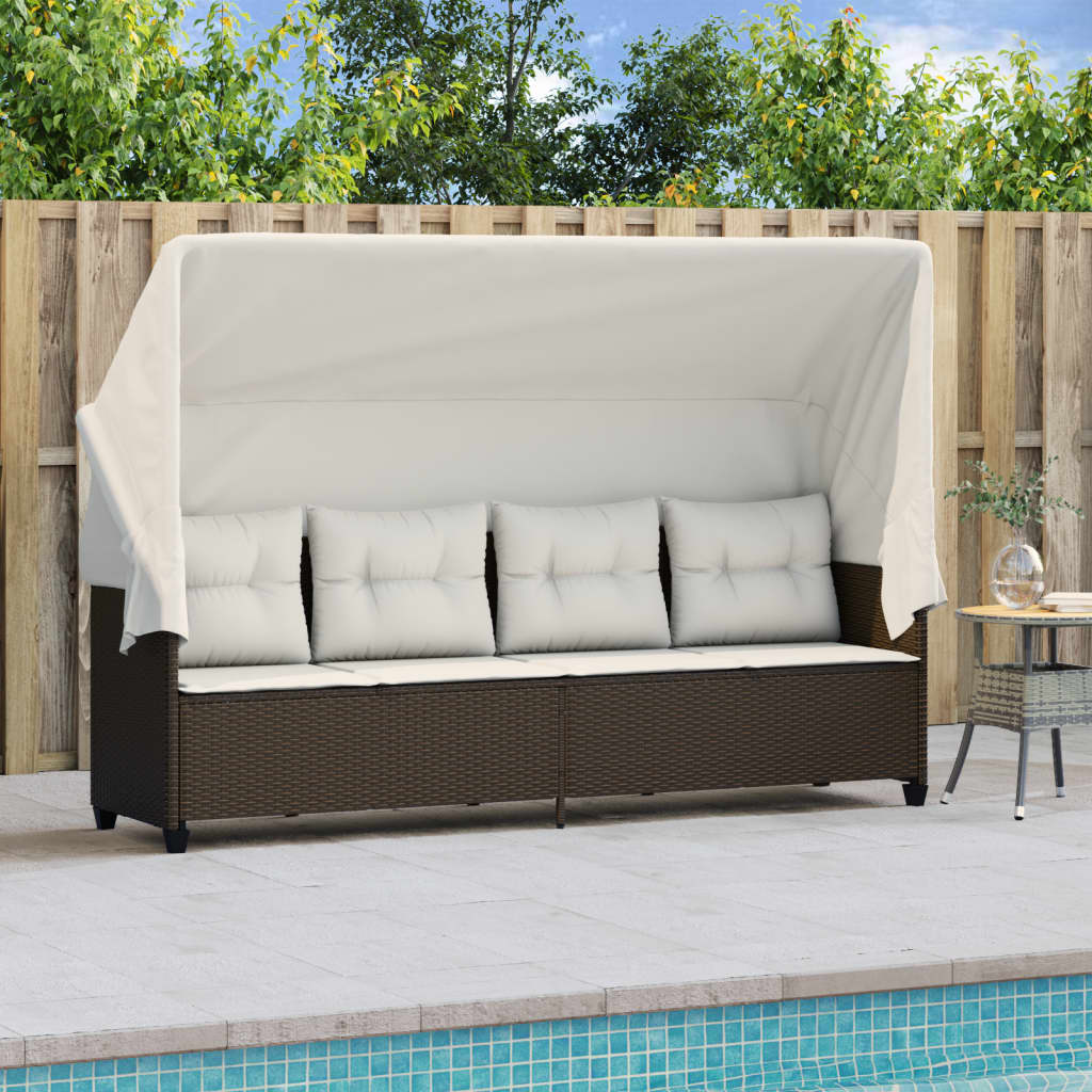 Ligbed met luifel en kussens poly rattan bruin