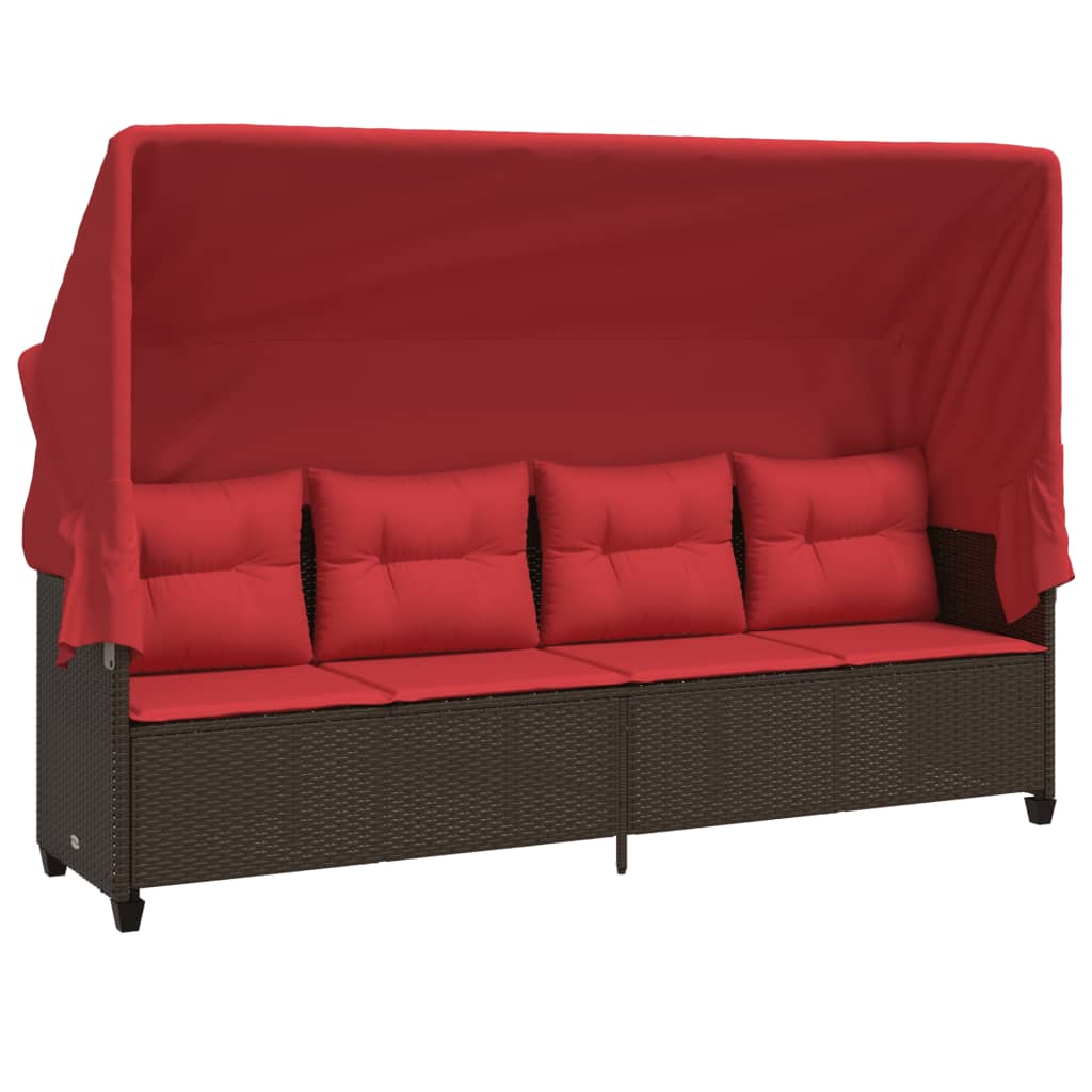 Ligbed met luifel en kussens poly rattan bruin