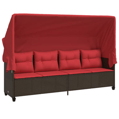 Ligbed met luifel en kussens poly rattan bruin