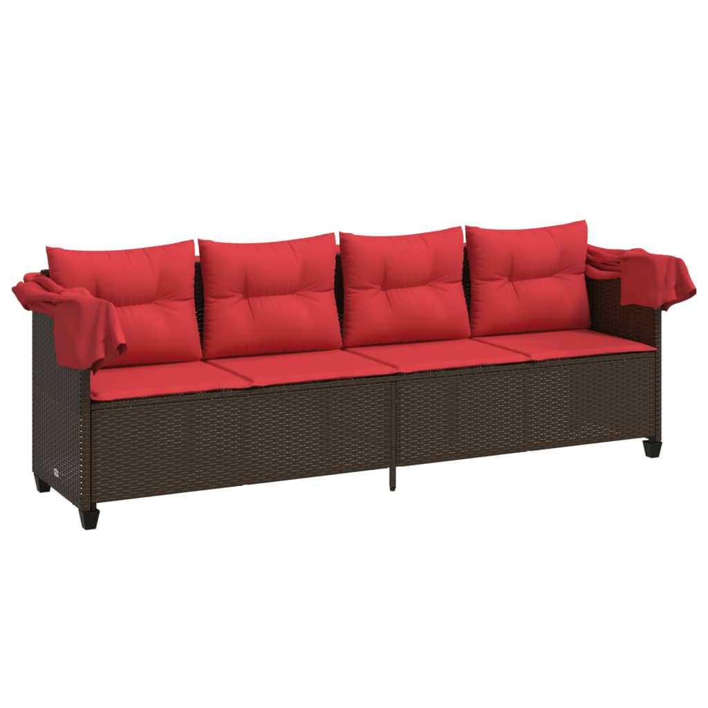 Ligbed met luifel en kussens poly rattan bruin