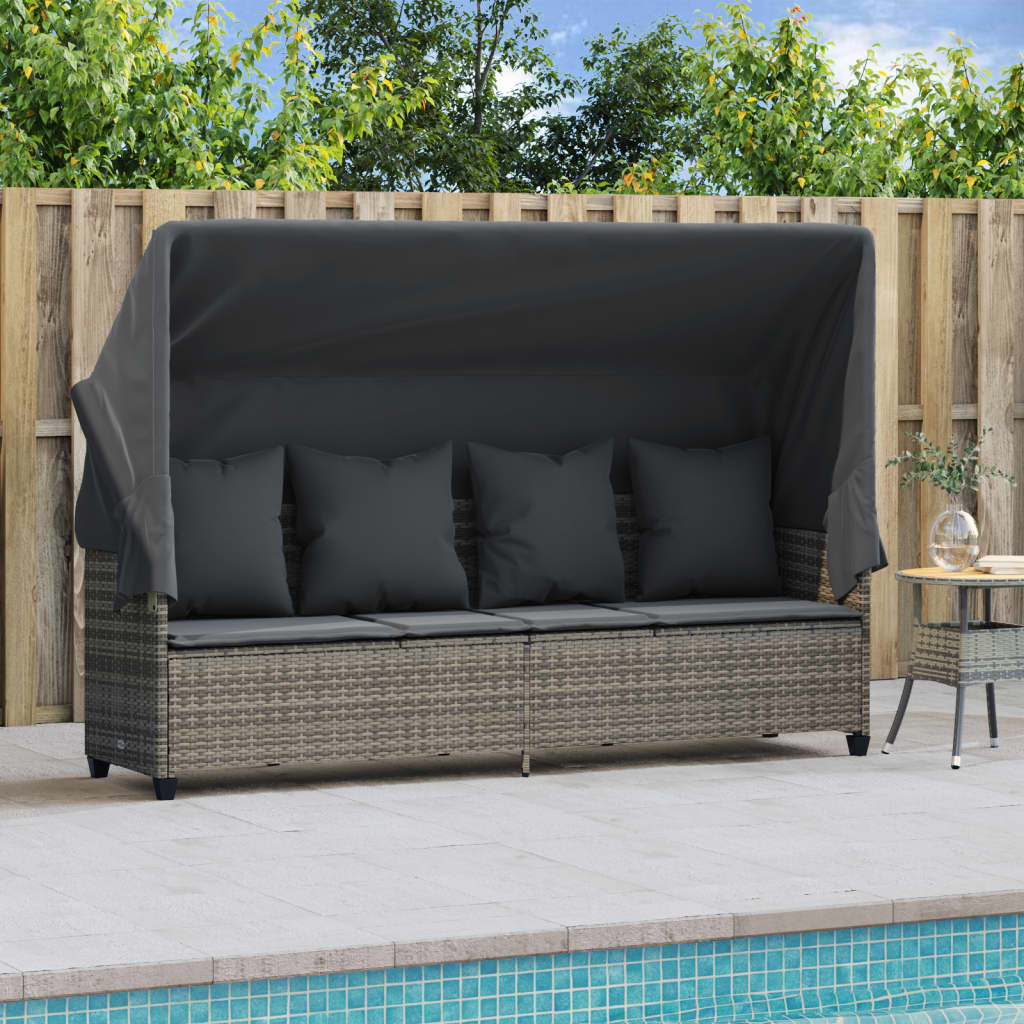 Ligbed met luifel en kussens poly rattan grijs