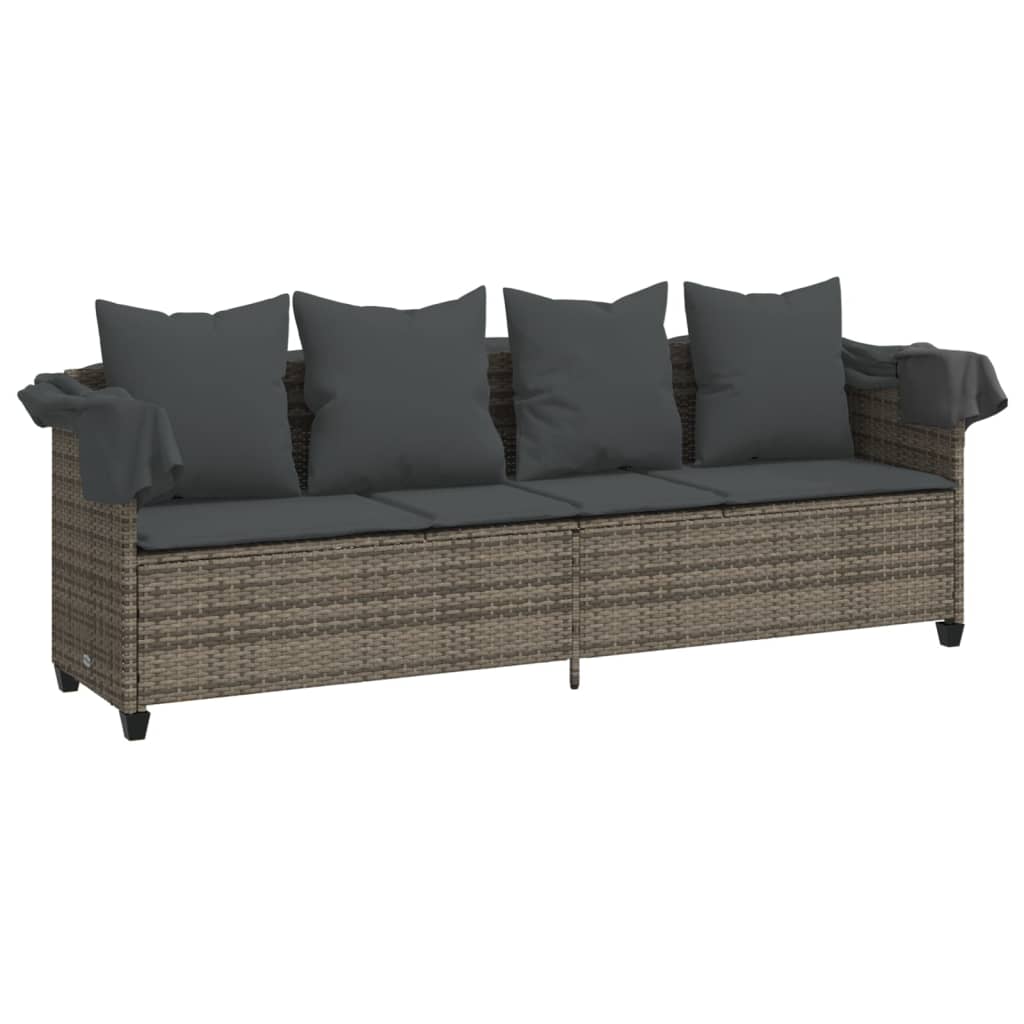 Ligbed met luifel en kussens poly rattan grijs
