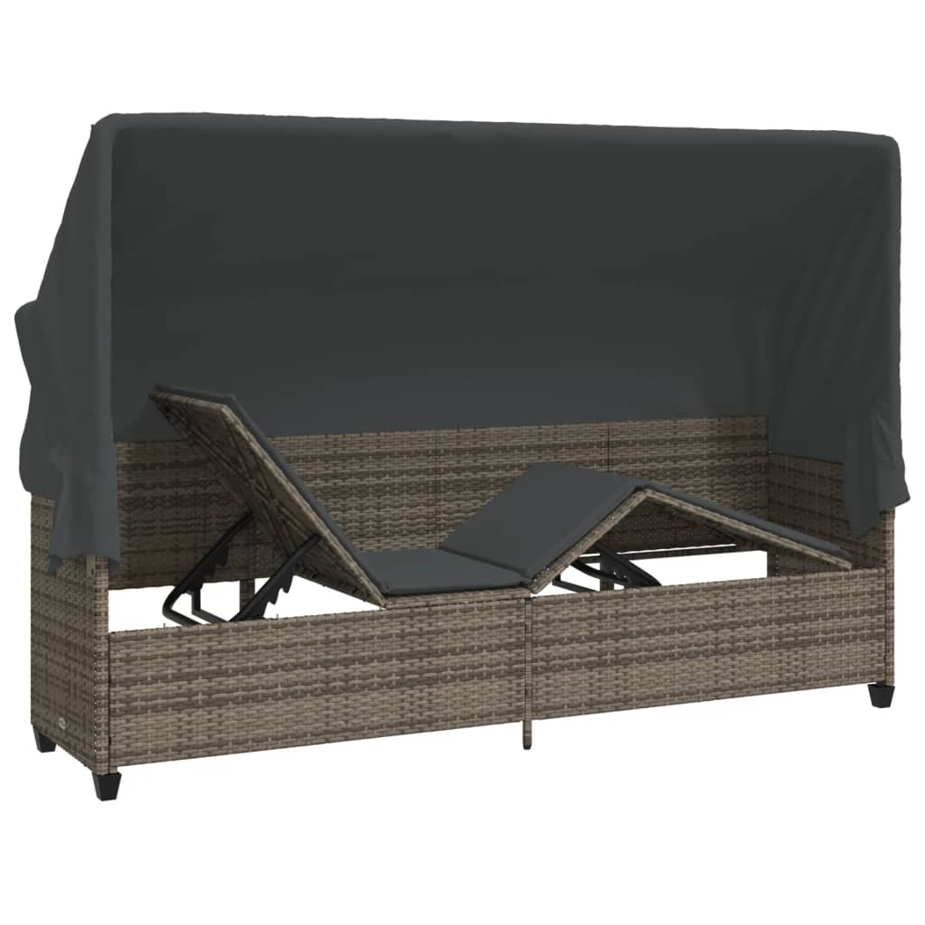 Ligbed met luifel en kussens poly rattan grijs