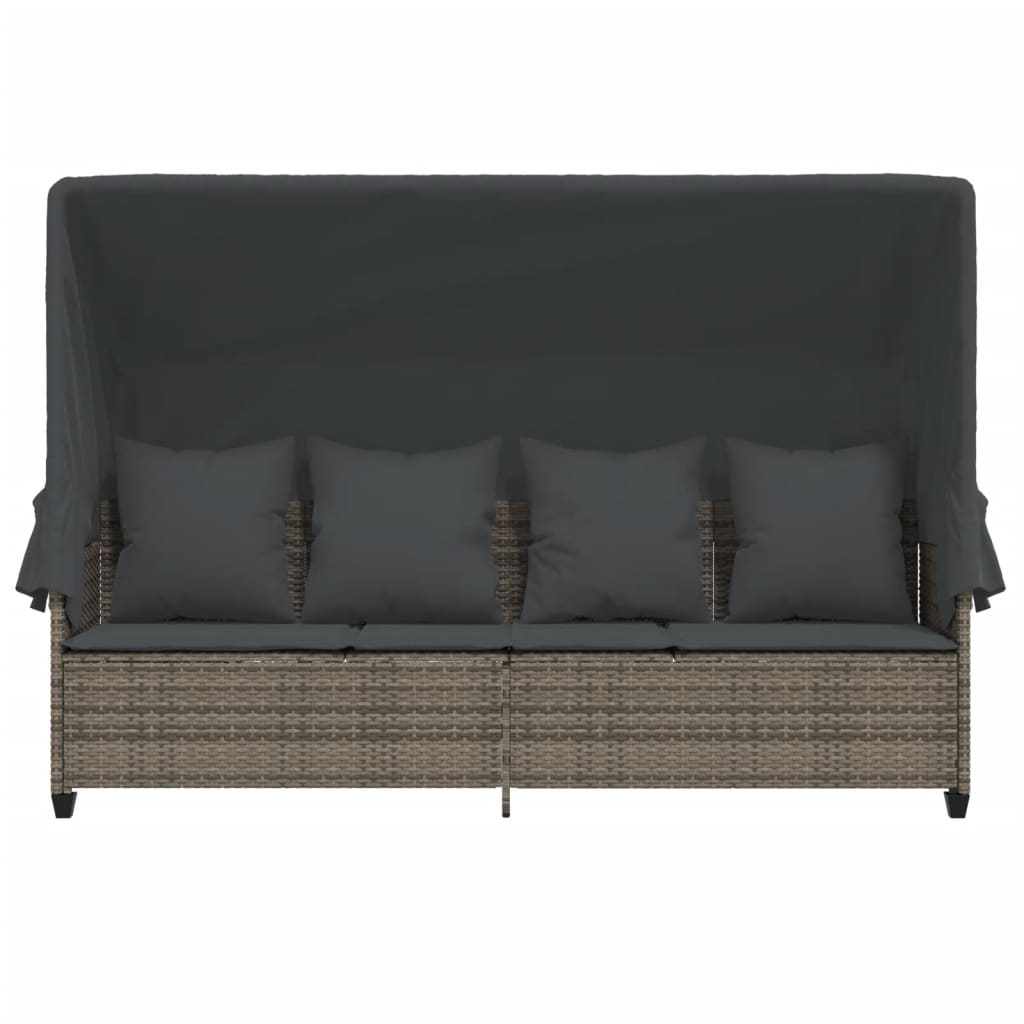 Ligbed met luifel en kussens poly rattan grijs