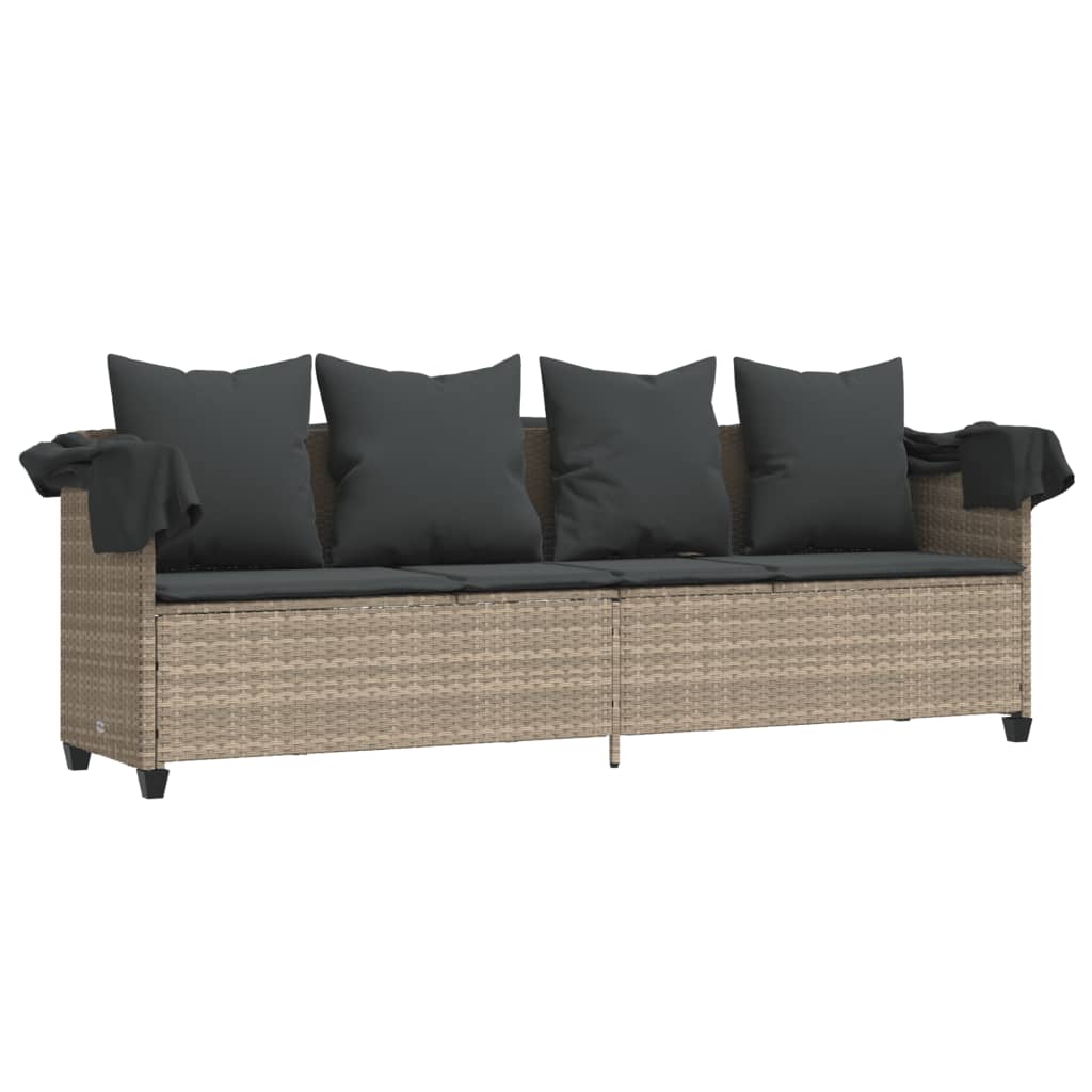 Ligbed met luifel en kussens poly rattan lichtgrijs