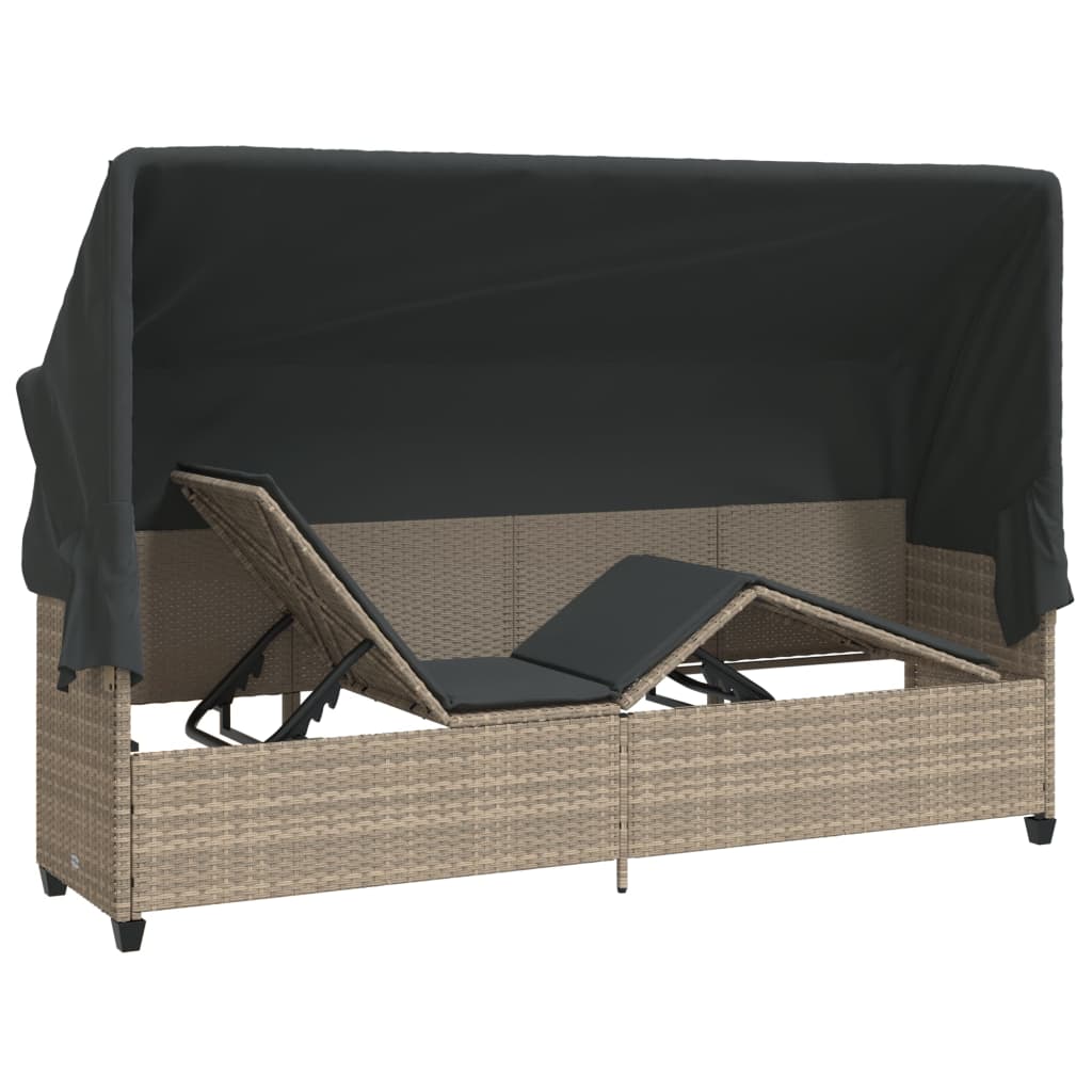 Ligbed met luifel en kussens poly rattan lichtgrijs