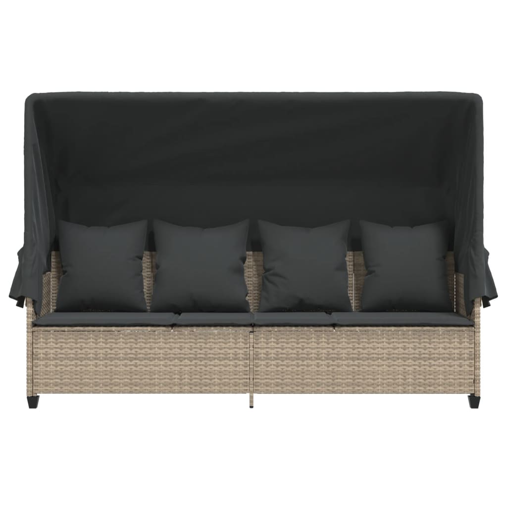 Ligbed met luifel en kussens poly rattan lichtgrijs