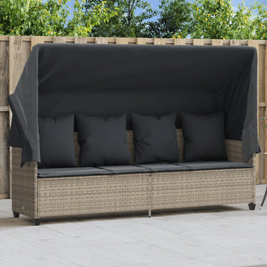 Ligbed met luifel en kussens poly rattan lichtgrijs