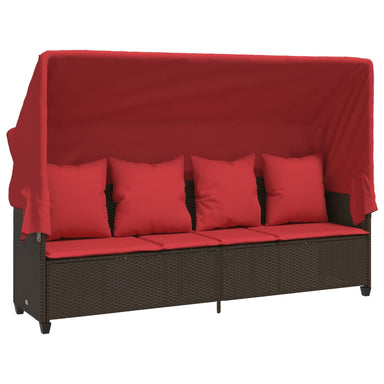 Ligbed met luifel en kussens poly rattan bruin