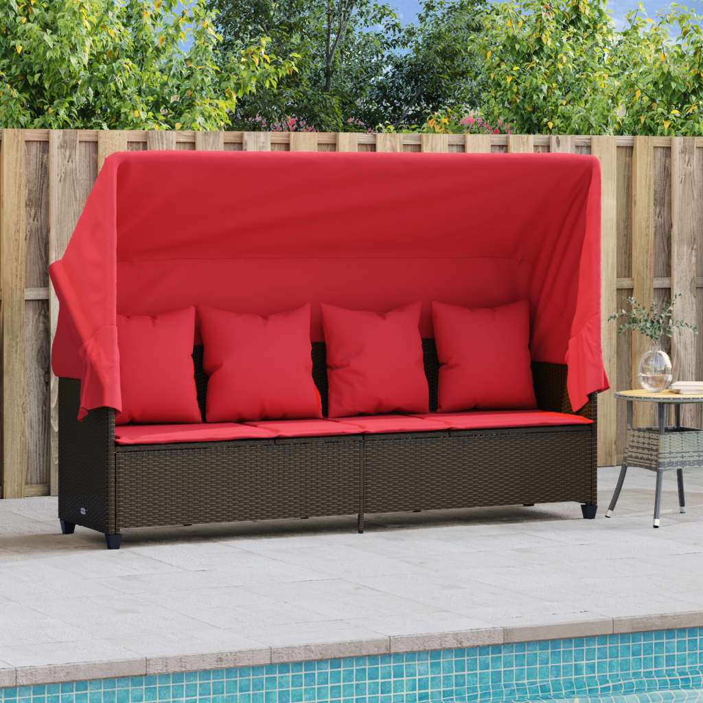 Ligbed met luifel en kussens poly rattan bruin