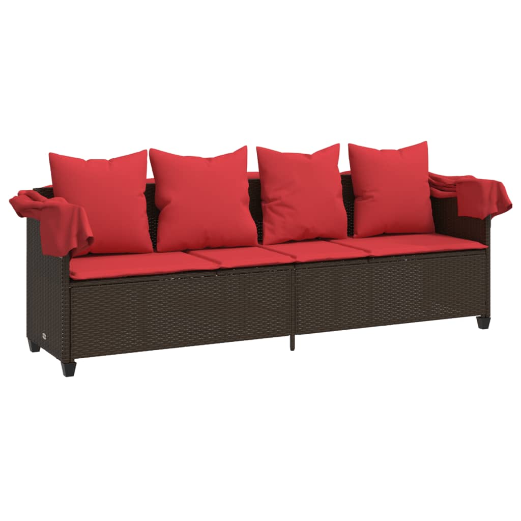 Ligbed met luifel en kussens poly rattan bruin