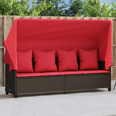 Ligbed met luifel en kussens poly rattan bruin