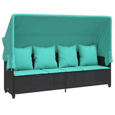 Ligbed met luifel en kussens poly rattan zwart