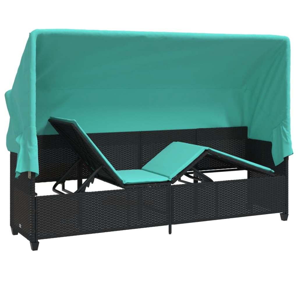Ligbed met luifel en kussens poly rattan zwart