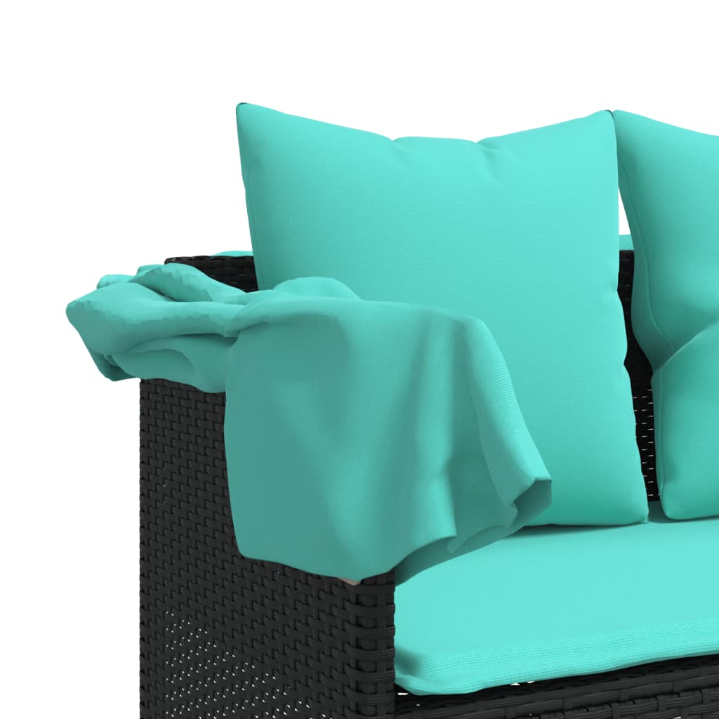 Ligbed met luifel en kussens poly rattan zwart