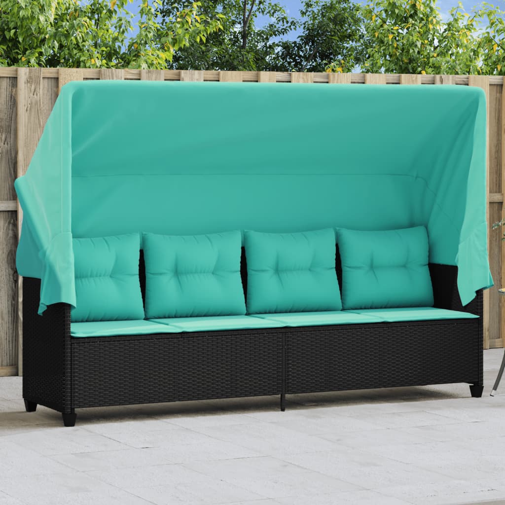 Ligbed met luifel en kussens poly rattan zwart